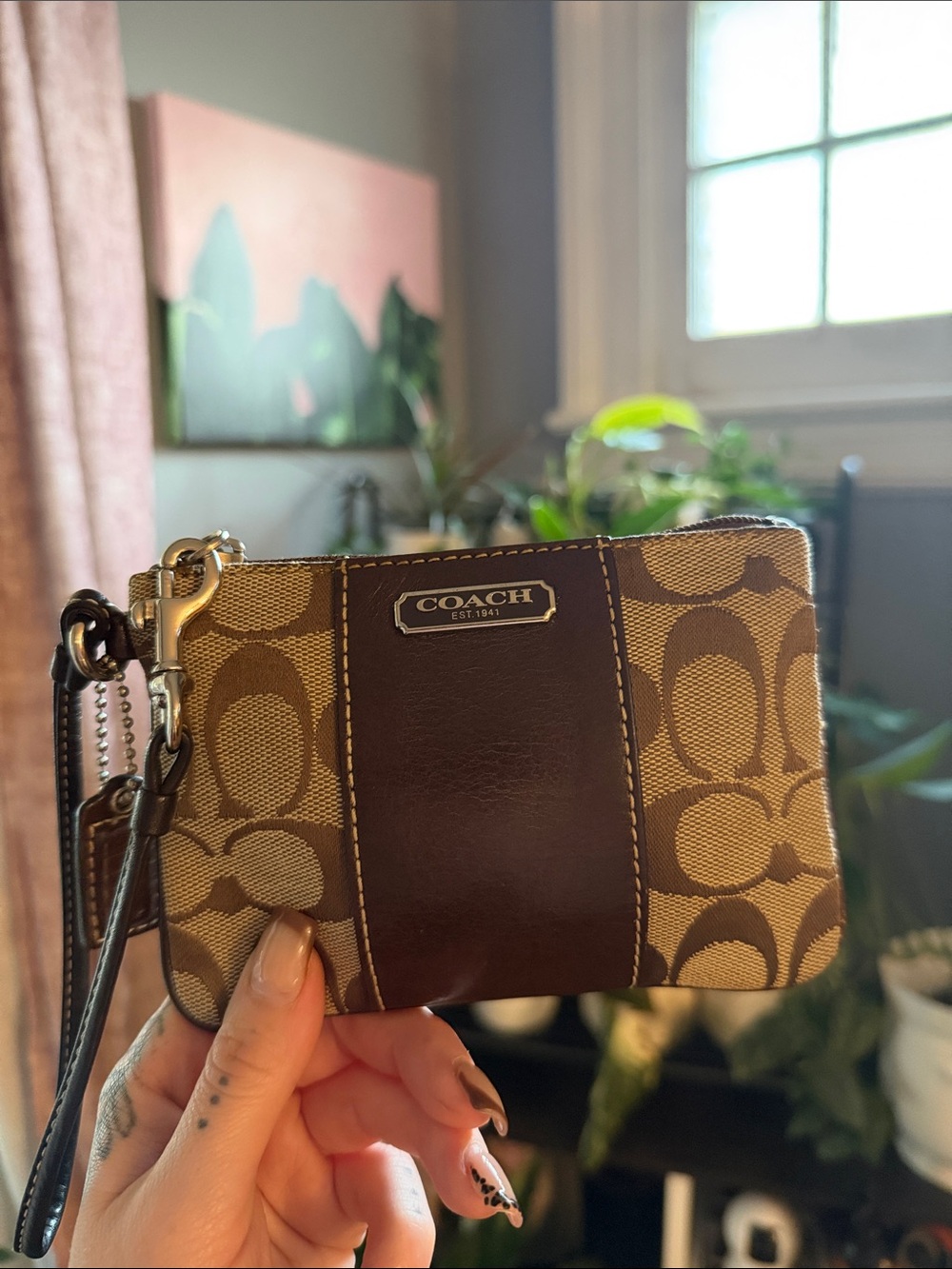 Coach Brown Signature Canvas Wristlet with Dark Brown Leather Stripe